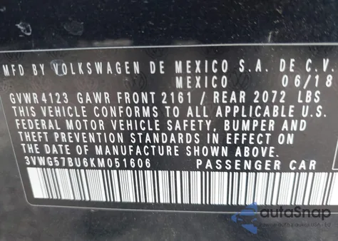 2019 Volkswagen Jetta 1.4T Sel Premium from USA, damaged, VIN 3VWG57BU6KM051606